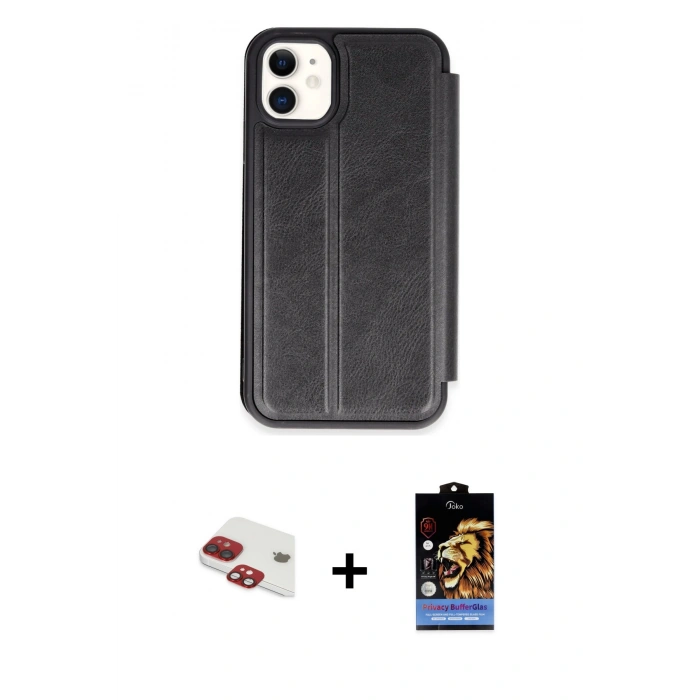 MARSİLYAN™- iPhone 11 Kılıf Zirve Yansıma Serisi - Siyah Buffer Hayalet Cam Ekran Koruyucu + Pers Alüminyum Kamera Lens - KI