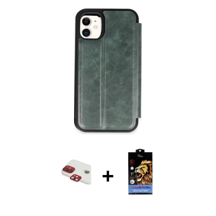 MARSİLYAN™- iPhone 11 Kılıf Zirve Yansıma Serisi - Siyah Buffer Hayalet Cam Ekran Koruyucu + Pers Alüminyum Kamera Lens - KI