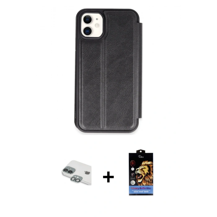 MARSİLYAN™- iPhone 11 Kılıf Zirve Yansıma Serisi - Siyah Buffer Hayalet Cam Ekran Koruyucu + Pers Alüminyum Kamera Lens - YL