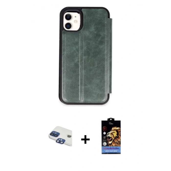 MARSİLYAN™- iPhone 11 Kılıf Zirve Yansıma Serisi - Siyah Buffer Hayalet Cam Ekran Koruyucu + Pers Alüminyum Kamera Lens - LT