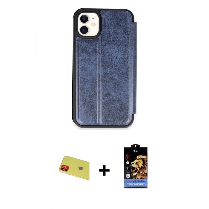 MARSİLYAN™- iPhone 11 Kılıf Zirve Yansıma Serisi - Siyah Buffer Hayalet Cam Ekran Koruyucu + Rainbow Kamera Lens Koruma Cam - KI