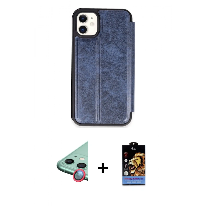 MARSİLYAN™- iPhone 11 Kılıf Zirve Yansıma Serisi - Siyah Buffer Hayalet Cam Ekran Koruyucu + Raze Metal Kamera Lens - KI