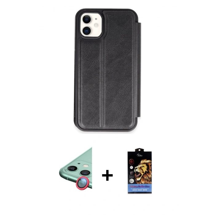 MARSİLYAN™- iPhone 11 Kılıf Zirve Yansıma Serisi - Siyah Buffer Hayalet Cam Ekran Koruyucu + Raze Metal Kamera Lens - KI