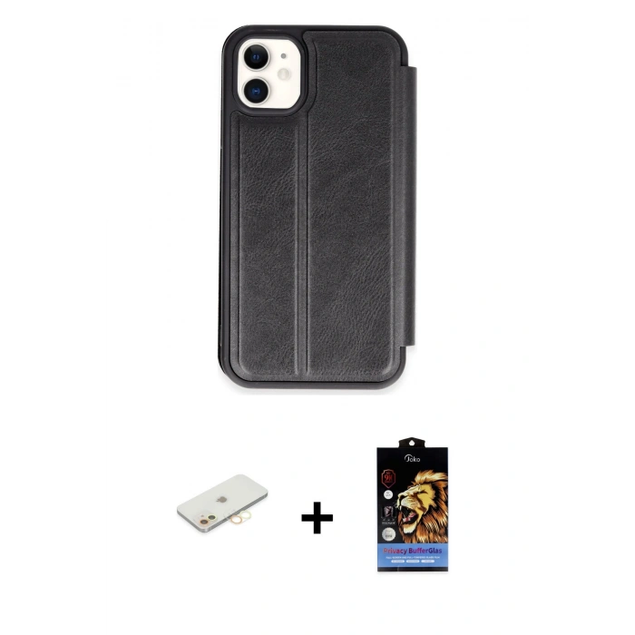 MARSİLYAN™- iPhone 11 Kılıf Zirve Yansıma Serisi - Siyah Buffer Hayalet Cam Ekran Koruyucu + Renkli Kamera Lens Koruma Cam - SI