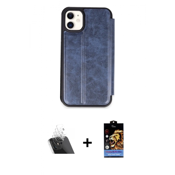 MARSİLYAN™- iPhone 11 Kılıf Zirve Yansıma Serisi - Siyah Buffer Hayalet Cam Ekran Koruyucu + Şeffaf Kamera Lens Koruma Cam