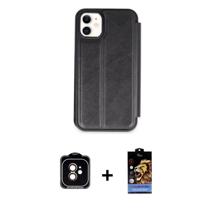 MARSİLYAN™- iPhone 11 Kılıf Zirve Yansıma Serisi - Siyah Buffer Hayalet Cam Ekran Koruyucu + PVD Metal Kamera Lens - TU