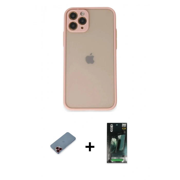 MARSİLYAN™- iPhone 11 Pro Kılıf Ahenk Çizgi Serisi - Şeffaf 360 Full Body Arka Koruyucu + Metal Kamera Lens Koruma Cam - KI