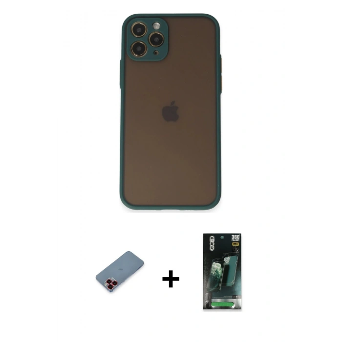 MARSİLYAN™- iPhone 11 Pro Kılıf Ahenk Çizgi Serisi - Şeffaf 360 Full Body Arka Koruyucu + Metal Kamera Lens Koruma Cam - KI