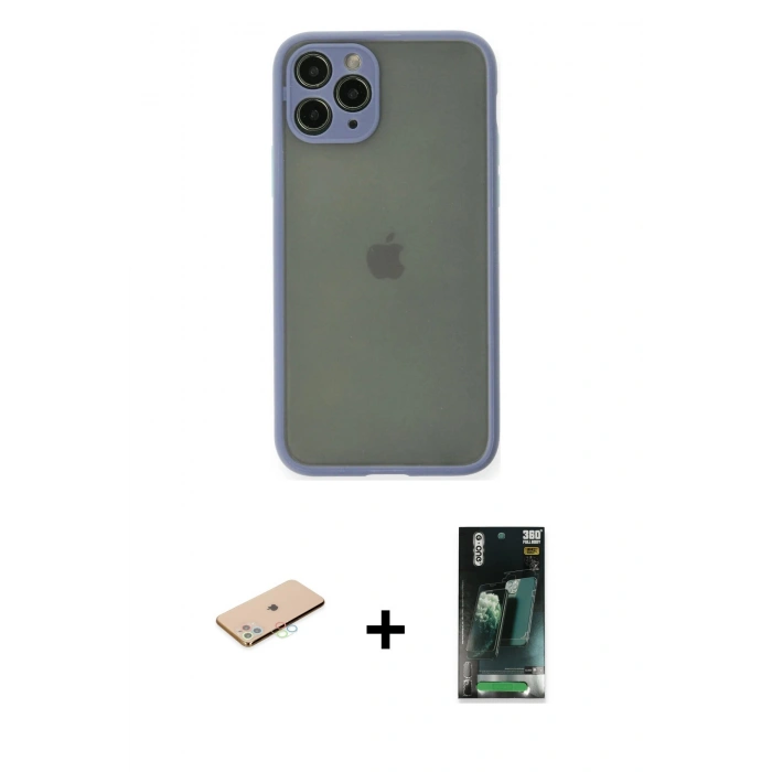 MARSİLYAN™- iPhone 11 Pro Kılıf Ahenk Çizgi Serisi - Şeffaf 360 Full Body Arka Koruyucu + Renkli Kamera Lens Koruma Cam - MI