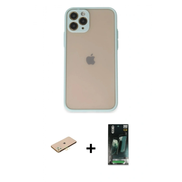 MARSİLYAN™- iPhone 11 Pro Kılıf Ahenk Çizgi Serisi - Şeffaf 360 Full Body Arka Koruyucu + Renkli Kamera Lens Koruma Cam - PE