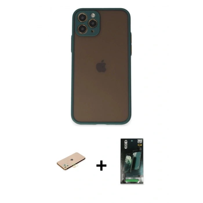 MARSİLYAN™- iPhone 11 Pro Kılıf Ahenk Çizgi Serisi - Şeffaf 360 Full Body Arka Koruyucu + Renkli Kamera Lens Koruma Cam - PE