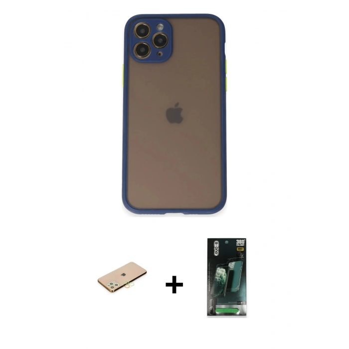 MARSİLYAN™- iPhone 11 Pro Kılıf Ahenk Çizgi Serisi - Şeffaf 360 Full Body Arka Koruyucu + Renkli Kamera Lens Koruma Cam - SI