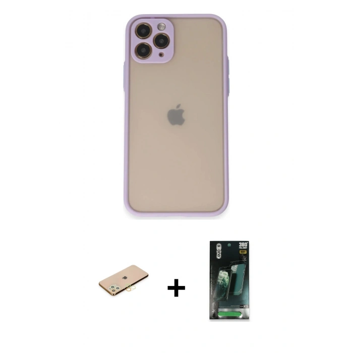 MARSİLYAN™- iPhone 11 Pro Kılıf Ahenk Çizgi Serisi - Şeffaf 360 Full Body Arka Koruyucu + Renkli Kamera Lens Koruma Cam - SI