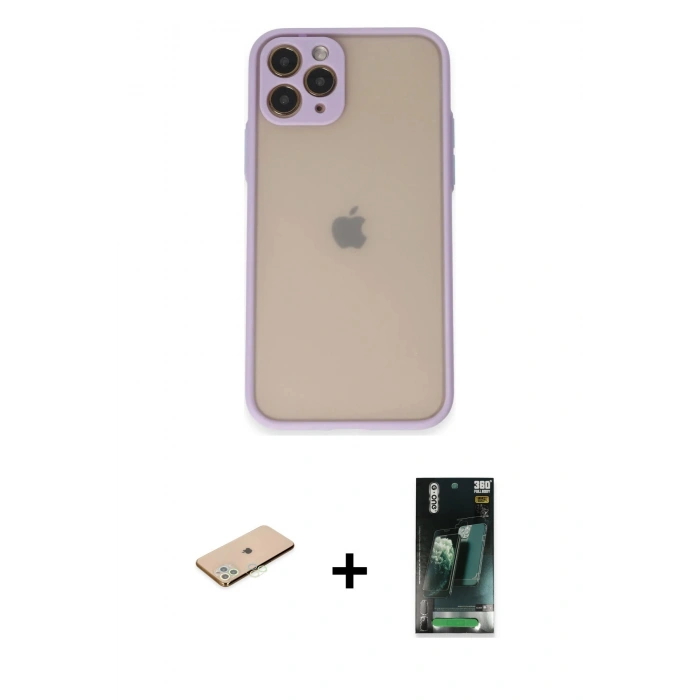 MARSİLYAN™- iPhone 11 Pro Kılıf Ahenk Çizgi Serisi - Şeffaf 360 Full Body Arka Koruyucu + Renkli Kamera Lens Koruma Cam - YL