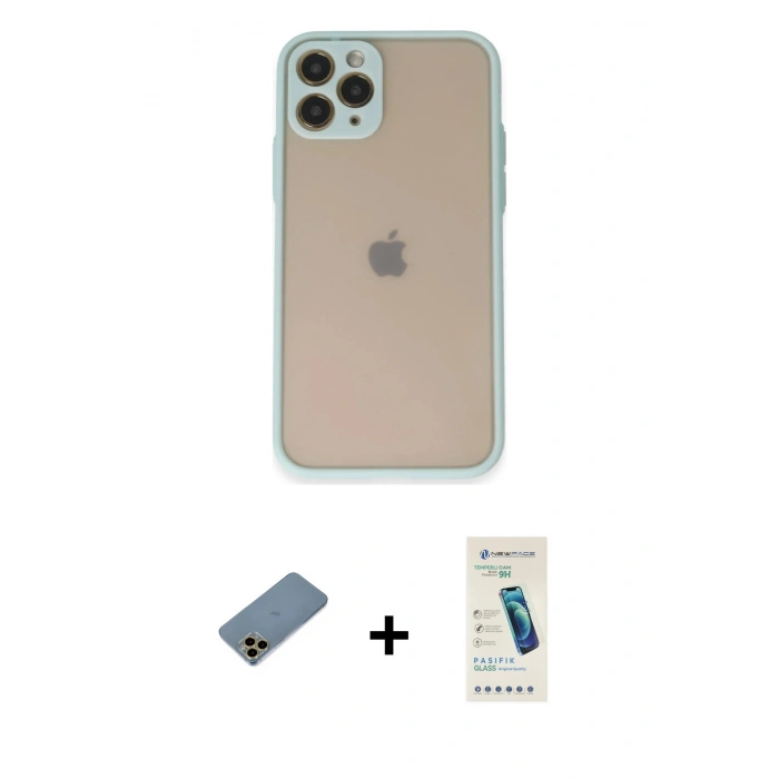 MARSİLYAN™- iPhone 11 Pro Kılıf Ahenk Çizgi Serisi - Şeffaf Pasifik Cam Ekran Koruyucu + Gold Shine Kamera Lens Koruma Cam