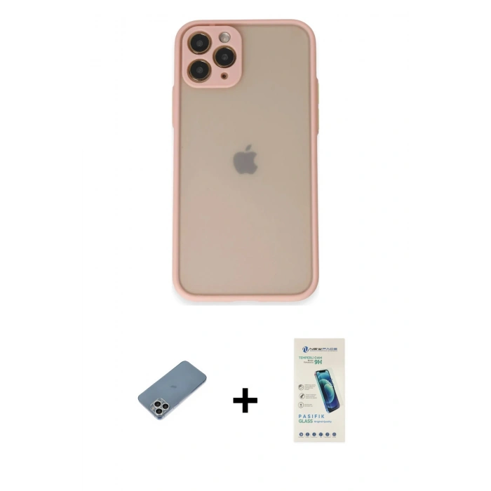 MARSİLYAN™- iPhone 11 Pro Kılıf Ahenk Çizgi Serisi - Şeffaf Pasifik Cam Ekran Koruyucu + Shine Kamera Lens Koruma Cam - GS