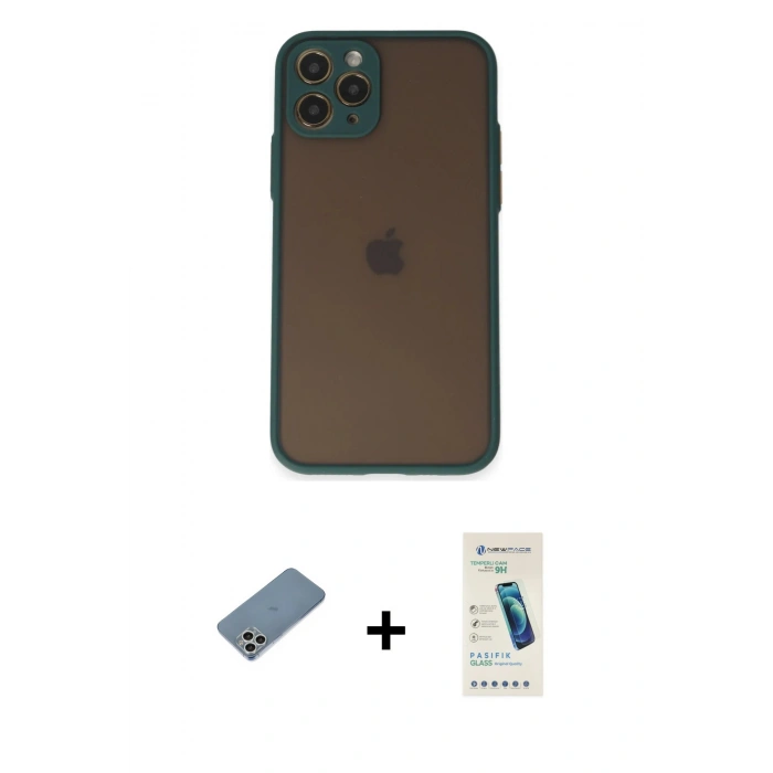 MARSİLYAN™- iPhone 11 Pro Kılıf Ahenk Çizgi Serisi - Şeffaf Pasifik Cam Ekran Koruyucu + Shine Kamera Lens Koruma Cam - GS