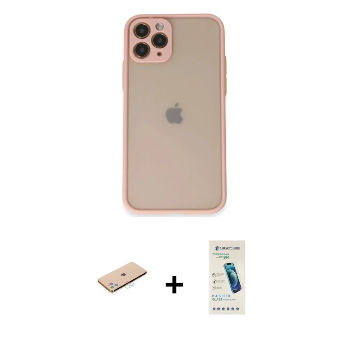 MARSİLYAN™- iPhone 11 Pro Kılıf Ahenk Çizgi Serisi - Şeffaf Pasifik Cam Ekran Koruyucu + Renkli Kamera Lens Koruma Cam - MI