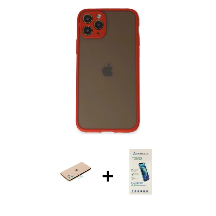 MARSİLYAN™- iPhone 11 Pro Kılıf Ahenk Çizgi Serisi - Şeffaf Pasifik Cam Ekran Koruyucu + Renkli Kamera Lens Koruma Cam - MI