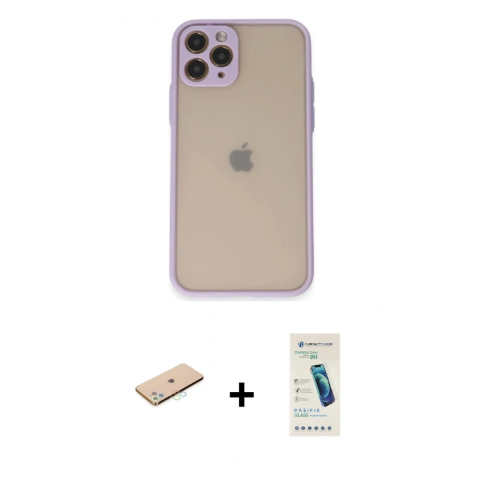 MARSİLYAN™- iPhone 11 Pro Kılıf Ahenk Çizgi Serisi - Şeffaf Pasifik Cam Ekran Koruyucu + Renkli Kamera Lens Koruma Cam - MI