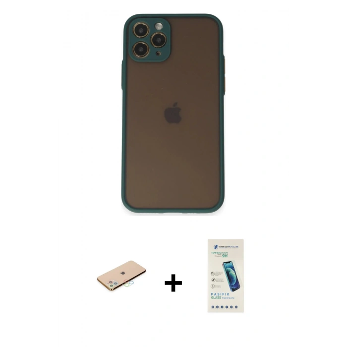 MARSİLYAN™- iPhone 11 Pro Kılıf Ahenk Çizgi Serisi - Şeffaf Pasifik Cam Ekran Koruyucu + Renkli Kamera Lens Koruma Cam - MI