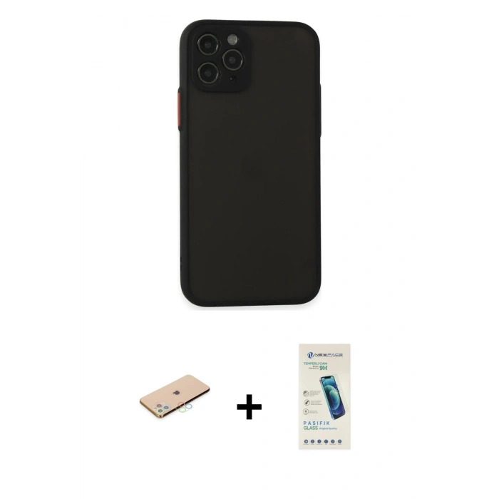 MARSİLYAN™- iPhone 11 Pro Kılıf Ahenk Çizgi Serisi - Şeffaf Pasifik Cam Ekran Koruyucu + Renkli Kamera Lens Koruma Cam - MI