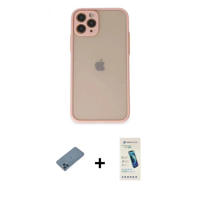 MARSİLYAN™- iPhone 11 Pro Kılıf Ahenk Çizgi Serisi - Şeffaf Pasifik Cam Ekran Koruyucu + Shine Kamera Lens Koruma Cam - MI
