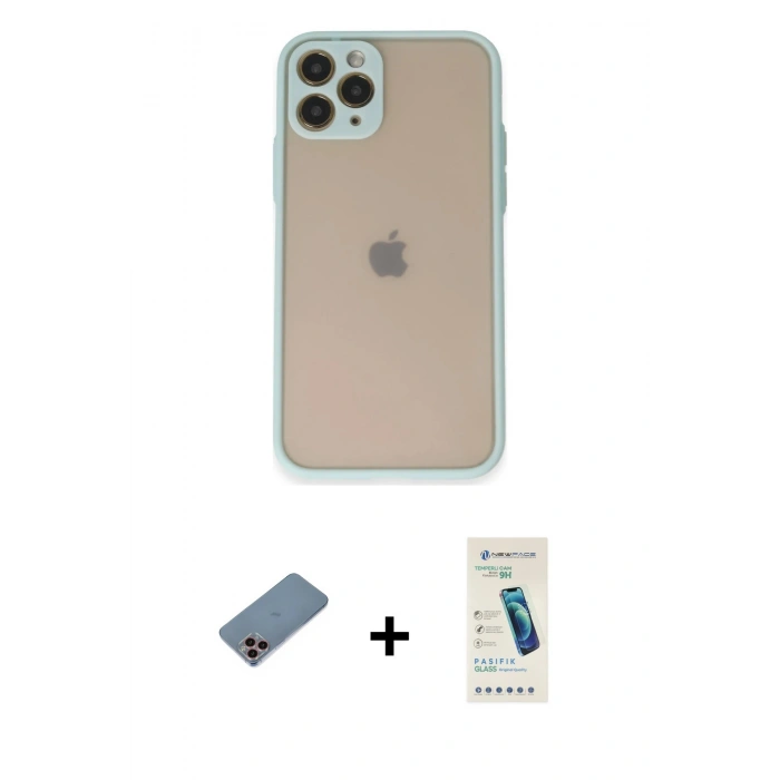 MARSİLYAN™- iPhone 11 Pro Kılıf Ahenk Çizgi Serisi - Şeffaf Pasifik Cam Ekran Koruyucu + Shine Kamera Lens Koruma Cam - PE