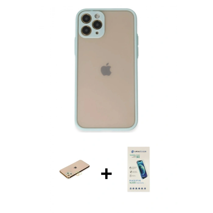 MARSİLYAN™- iPhone 11 Pro Kılıf Ahenk Çizgi Serisi - Şeffaf Pasifik Cam Ekran Koruyucu + Renkli Kamera Lens Koruma Cam - SI