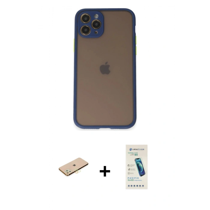 MARSİLYAN™- iPhone 11 Pro Kılıf Ahenk Çizgi Serisi - Şeffaf Pasifik Cam Ekran Koruyucu + Renkli Kamera Lens Koruma Cam - SI