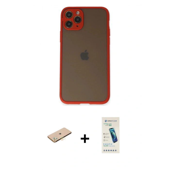 MARSİLYAN™- iPhone 11 Pro Kılıf Ahenk Çizgi Serisi - Şeffaf Pasifik Cam Ekran Koruyucu + Renkli Kamera Lens Koruma Cam - SI