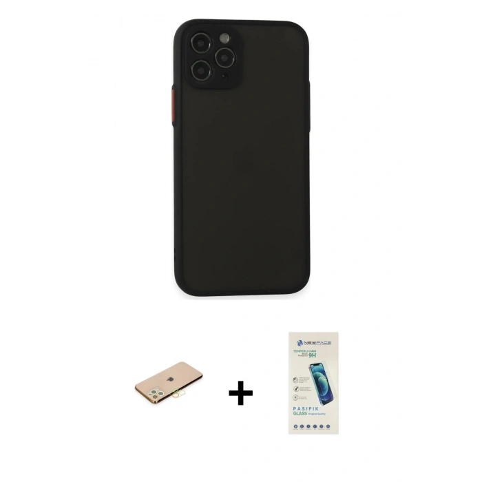 MARSİLYAN™- iPhone 11 Pro Kılıf Ahenk Çizgi Serisi - Şeffaf Pasifik Cam Ekran Koruyucu + Renkli Kamera Lens Koruma Cam - SI