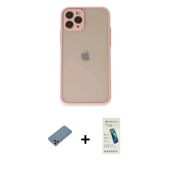 MARSİLYAN™- iPhone 11 Pro Kılıf Ahenk Çizgi Serisi - Şeffaf Pasifik Cam Ekran Koruyucu + Shine Kamera Lens Koruma Cam - SABE