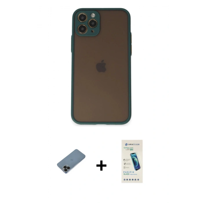 MARSİLYAN™- iPhone 11 Pro Kılıf Ahenk Çizgi Serisi - Şeffaf Pasifik Cam Ekran Koruyucu + Shine Kamera Lens Koruma Cam - SH