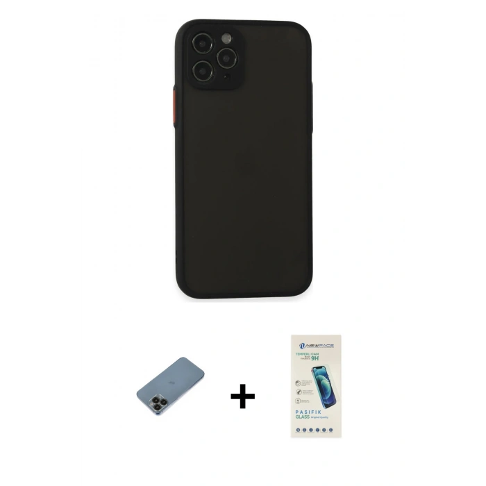 MARSİLYAN™- iPhone 11 Pro Kılıf Ahenk Çizgi Serisi - Şeffaf Pasifik Cam Ekran Koruyucu + Shine Kamera Lens Koruma Cam - SH