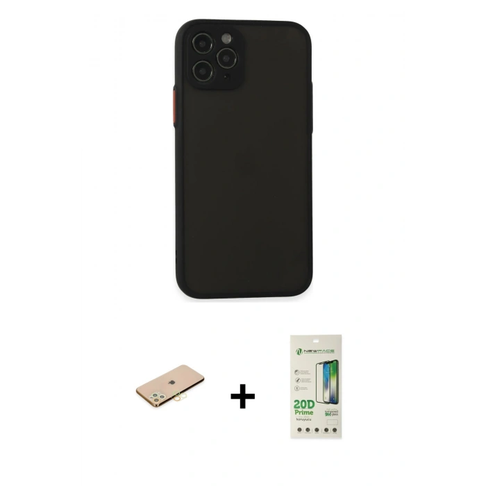 MARSİLYAN™- iPhone 11 Pro Kılıf Ahenk Çizgi Serisi - Siyah 20D Premium Cam Ekran Koruyucu + Renkli Kamera Lens Koruma Cam - PE