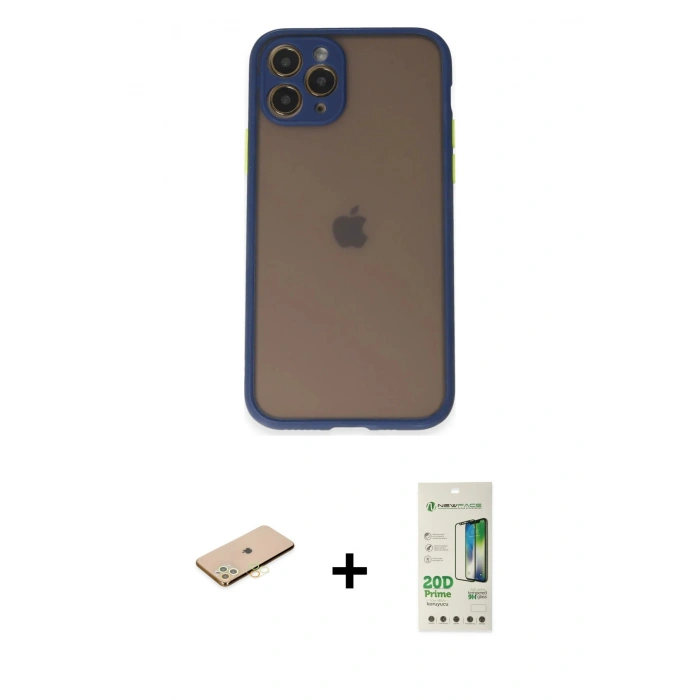 MARSİLYAN™- iPhone 11 Pro Kılıf Ahenk Çizgi Serisi - Siyah 20D Premium Cam Ekran Koruyucu + Renkli Kamera Lens Koruma Cam - PE