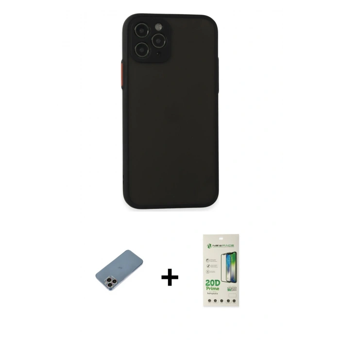 MARSİLYAN™- iPhone 11 Pro Kılıf Ahenk Çizgi Serisi - Siyah 20D Premium Cam Ekran Koruyucu + Shine Kamera Lens Koruma Cam - GI