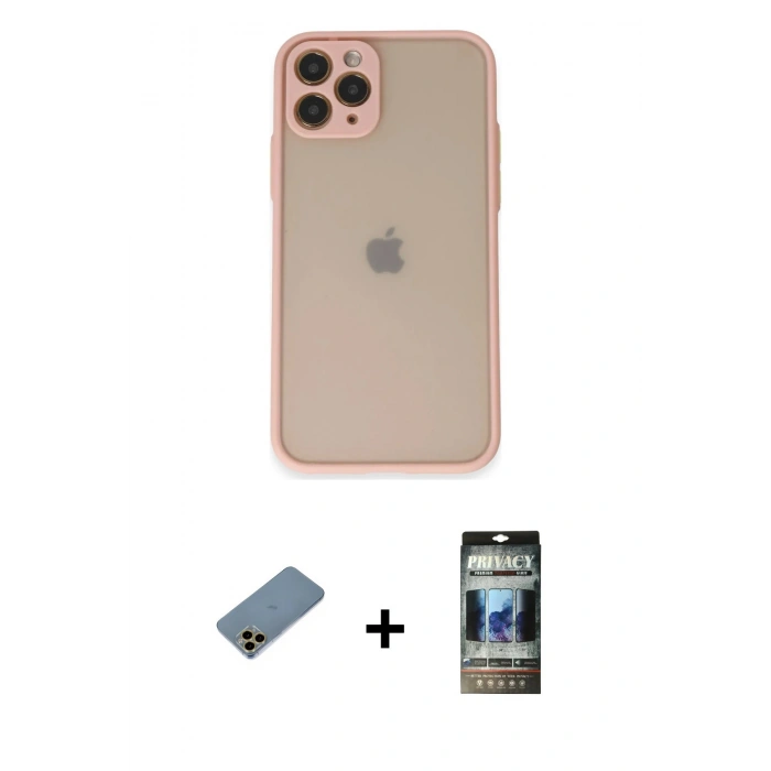 MARSİLYAN™- iPhone 11 Pro Kılıf Ahenk Çizgi Serisi - Siyah 34D Hayalet Izgaralı Cam + Shine Kamera Lens Koruma Cam - GD
