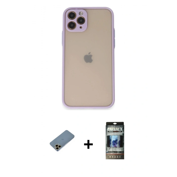 MARSİLYAN™- iPhone 11 Pro Kılıf Ahenk Çizgi Serisi - Siyah 34D Hayalet Izgaralı Cam + Shine Kamera Lens Koruma Cam - GD