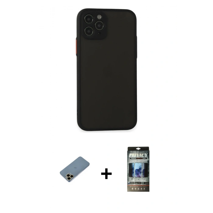 MARSİLYAN™- iPhone 11 Pro Kılıf Ahenk Çizgi Serisi - Siyah 34D Hayalet Izgaralı Cam + Shine Kamera Lens Koruma Cam - GD
