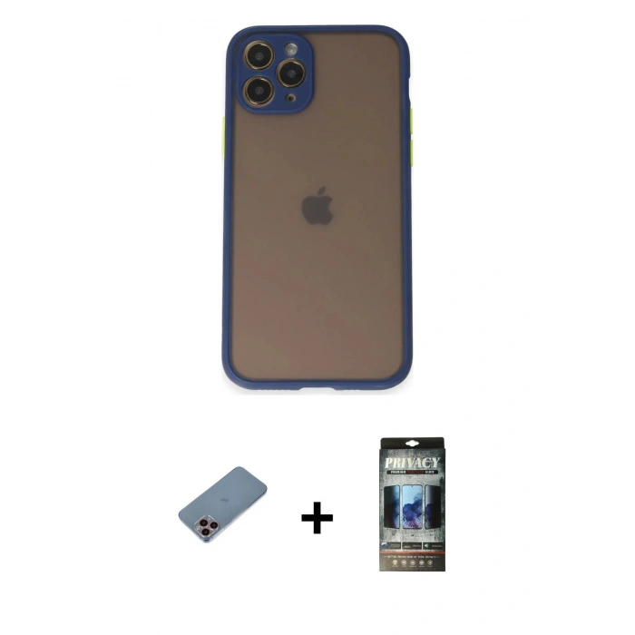 MARSİLYAN™- iPhone 11 Pro Kılıf Ahenk Çizgi Serisi - Siyah 34D Hayalet Izgaralı Cam + Pembe Shine Kamera Lens Koruma Cam