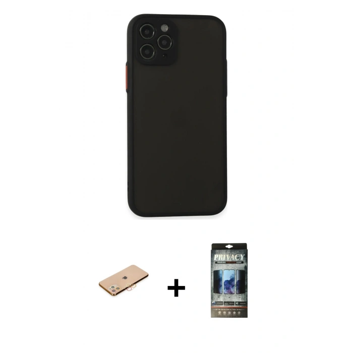 MARSİLYAN™- iPhone 11 Pro Kılıf Ahenk Çizgi Serisi - Siyah 34D Hayalet Izgaralı Cam + Renkli Kamera Lens Koruma Cam - TU