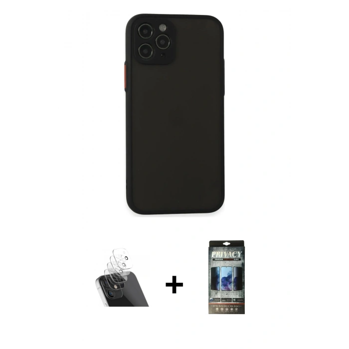 MARSİLYAN™- iPhone 11 Pro Kılıf Ahenk Çizgi Serisi - Siyah 34D Hayalet Izgaralı Cam + Kamera Lens Koruma Cam - SF