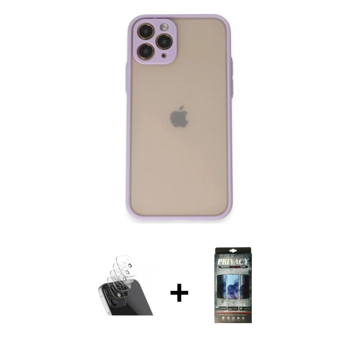 MARSİLYAN™- iPhone 11 Pro Kılıf Ahenk Çizgi Serisi - Siyah 34D Hayalet Izgaralı Cam + Kamera Lens Koruma Cam - SF