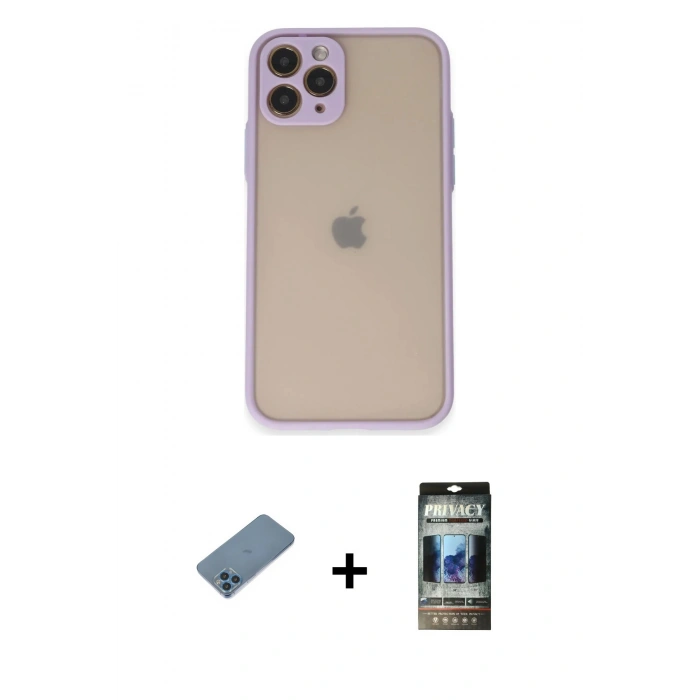 MARSİLYAN™- iPhone 11 Pro Kılıf Ahenk Çizgi Serisi - Siyah 34D Hayalet Izgaralı Cam + Shine Kamera Lens Koruma Cam - MI