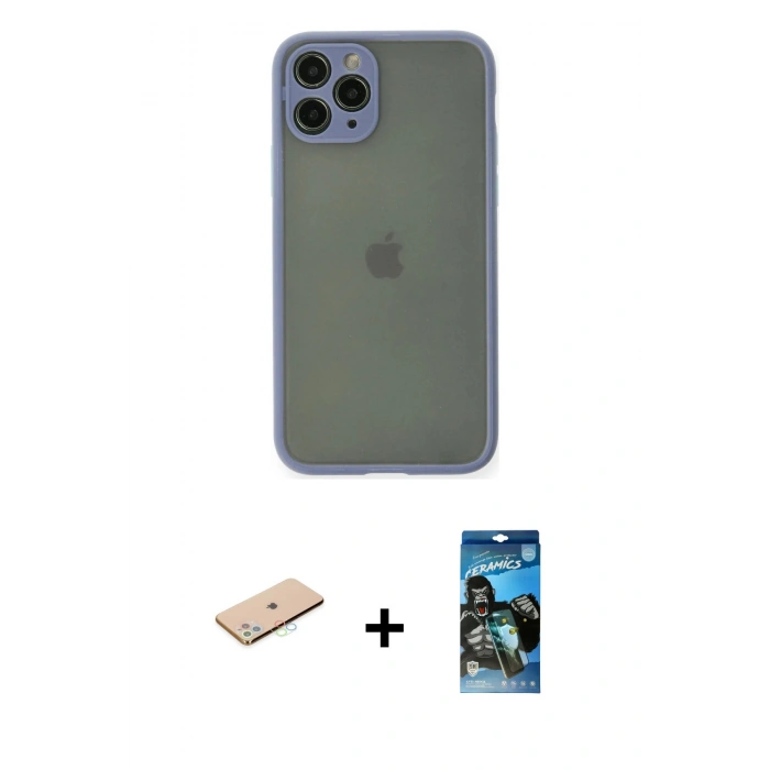 MARSİLYAN™- iPhone 11 Pro Kılıf Ahenk Çizgi Serisi - Siyah 34D Izgaralı Cam + Renkli Kamera Lens Koruma Cam - MI