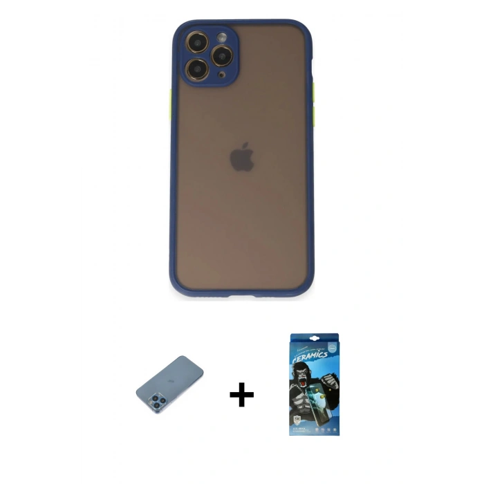 MARSİLYAN™- iPhone 11 Pro Kılıf Ahenk Çizgi Serisi - Siyah 34D Izgaralı Cam + Shine Kamera Lens Koruma Cam - MI