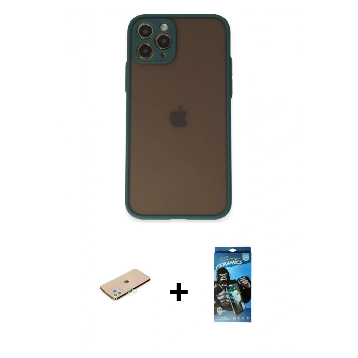 MARSİLYAN™- iPhone 11 Pro Kılıf Ahenk Çizgi Serisi - Siyah 34D Izgaralı Cam + Renkli Kamera Lens Koruma Cam - YL