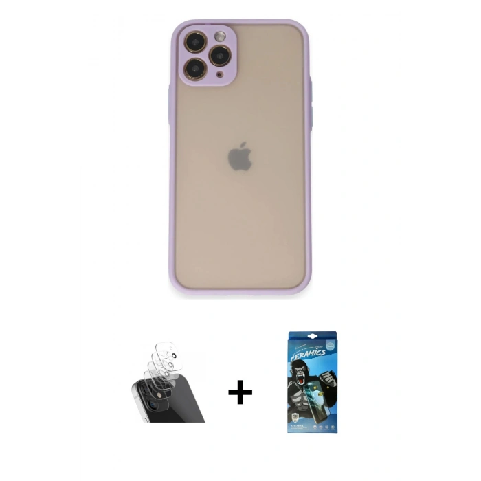 MARSİLYAN™- iPhone 11 Pro Kılıf Ahenk Çizgi Serisi - Siyah 34D Izgaralı Cam + Şeffaf Kamera Lens Koruma Cam